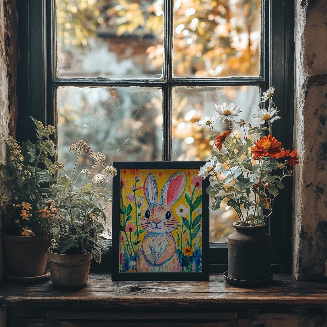 Colorful Easter Bunny Wildflower Meadow Print Cute Vibrant Rabbit Painting Wall Art Spring Kids Room Decor - Image 4