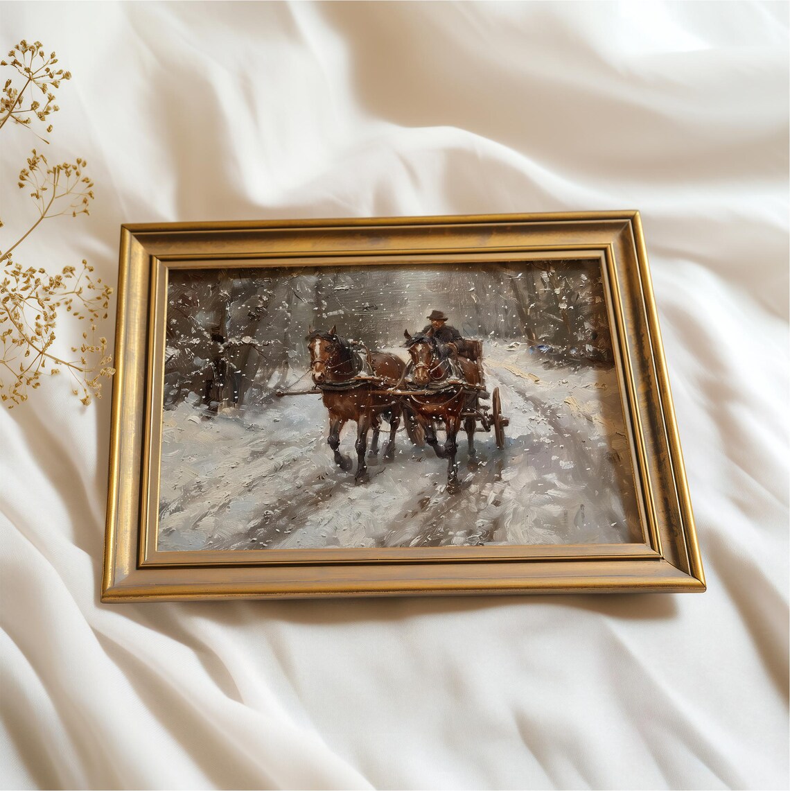Vintage Horse Drawn Sleigh Snowy Forest Road Moody Winter Scene Poster - Image 2