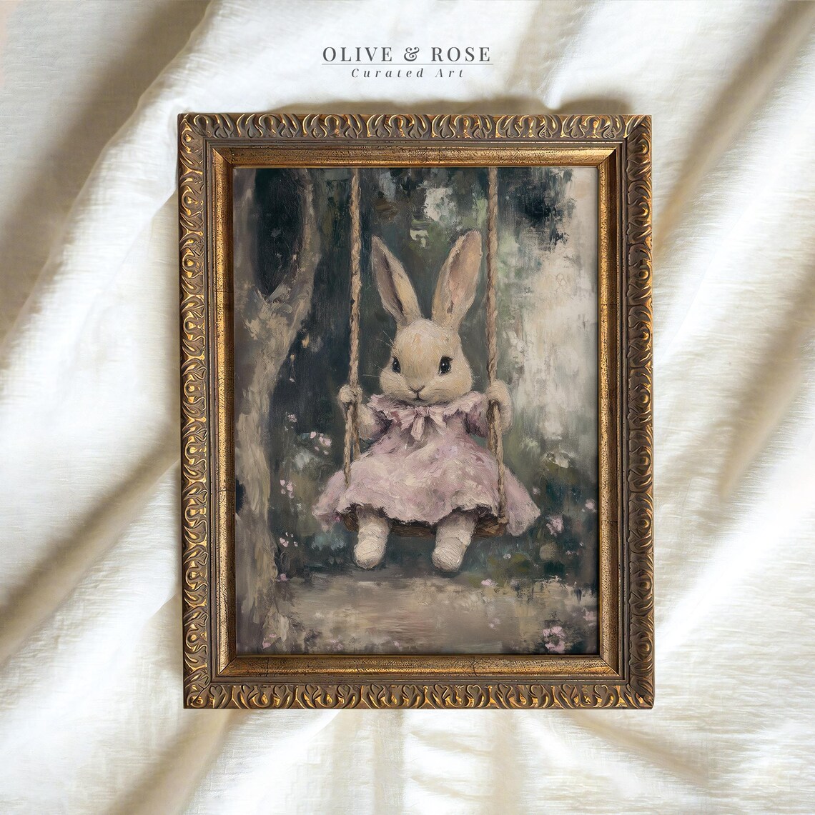 Bunny in Pink Dress on Tree Swing Vintage Garden Nursery Wall Art