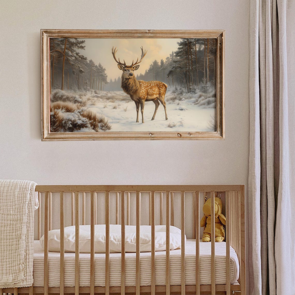Vintage Reindeer In Snow Frame Tv Art Deer Oil Painting Winter Frame Tv Art Country Farmhouse Screensaver Woodland Animal - Image 2