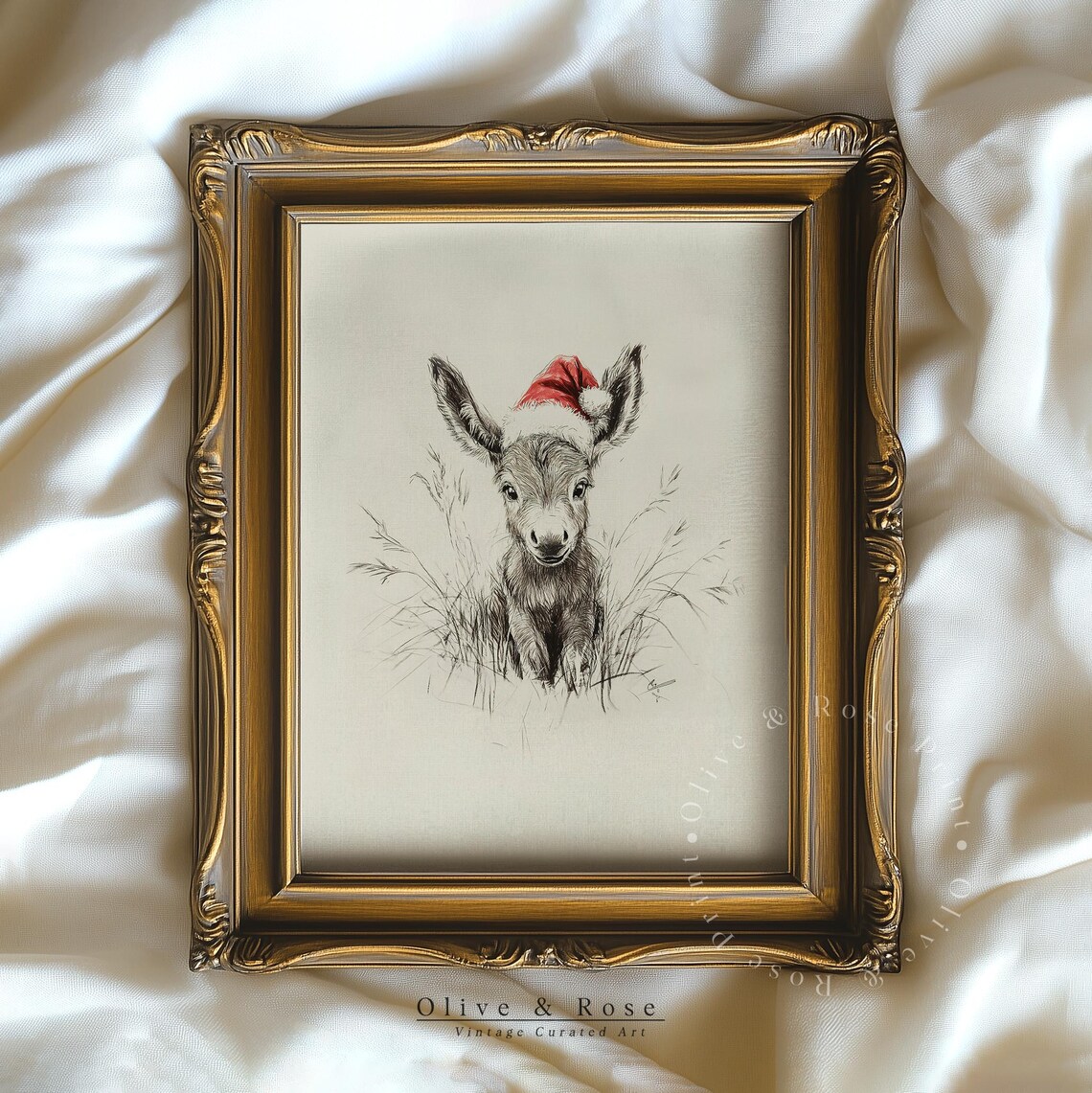 Cute Baby Donkey Santa Hat Sketch Vintage Nursery Christmas Art Poster