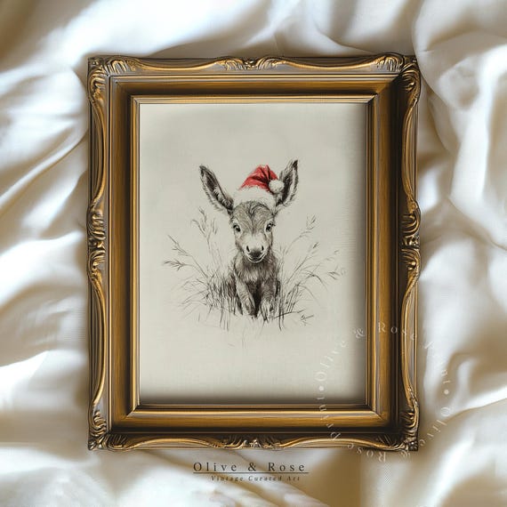 Cute Baby Donkey With Santa Hat Sketch Neutral Christmas Nursery Wall Decor Vintage Winter Wall Art Ass Drawing Prints