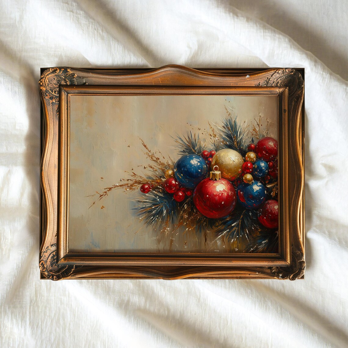 Vintage Christmas Baubles Oil Painting Pine Sprigs Holiday Art Poster - Image 2