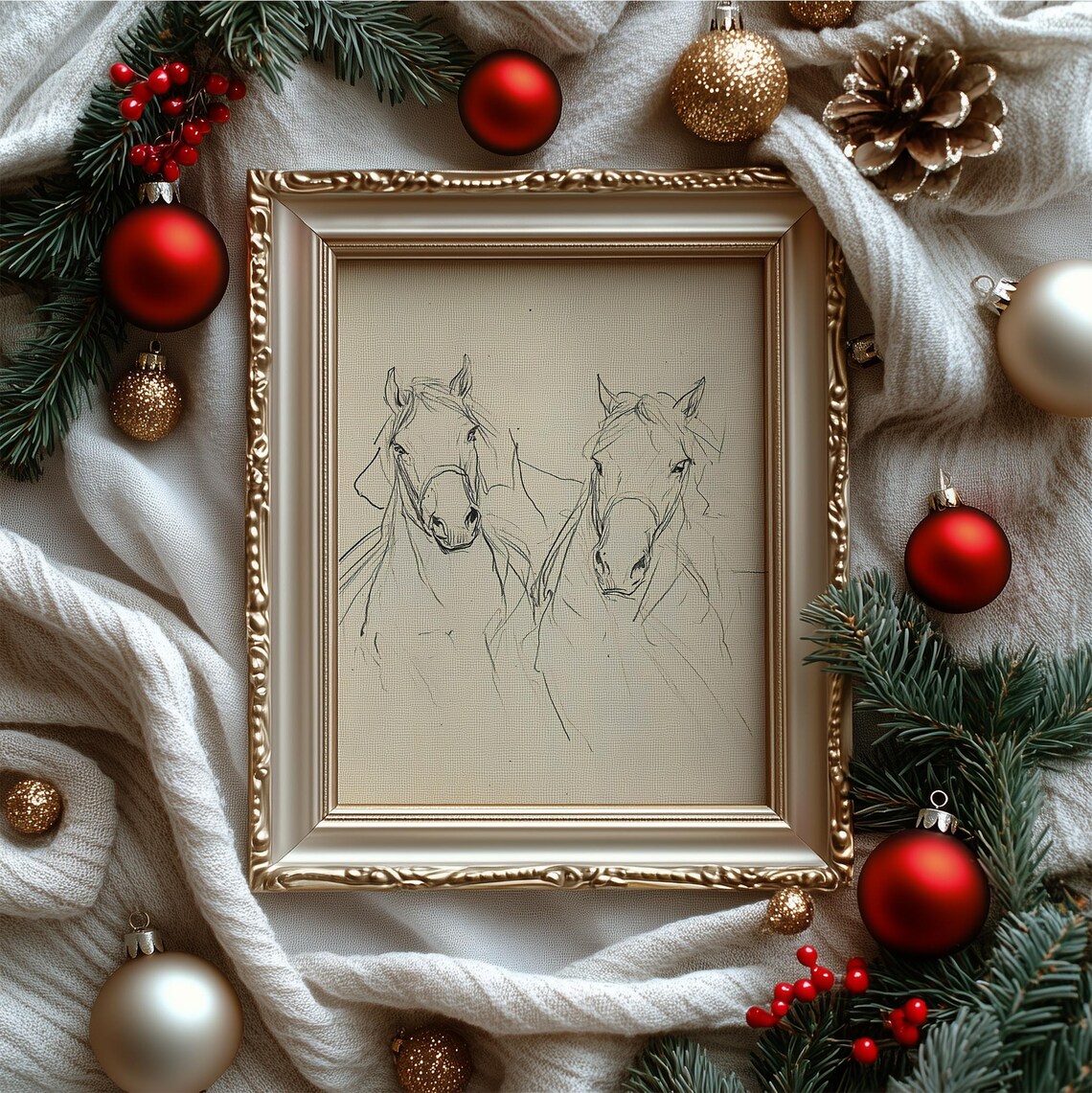 Antique Two Horses Head Line Drawing Equestrian Sketch Vintage Poster - Image 3