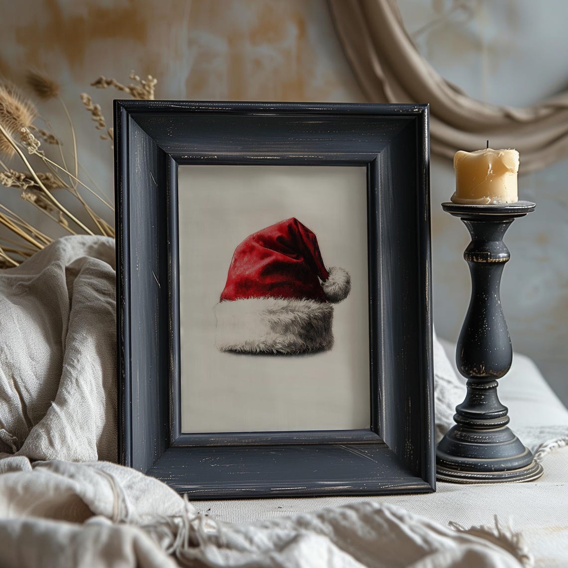 Vintage Santa Hat Sketch Minimal Neutral Christmas Art Print Poster - Image 3