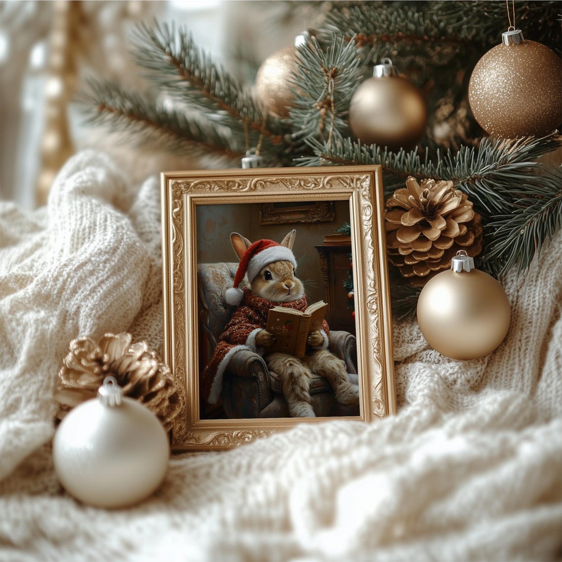 Funny Bunny Reading Book In Santa Hat Cozy Vintage Christmas Wall Art - Image 3