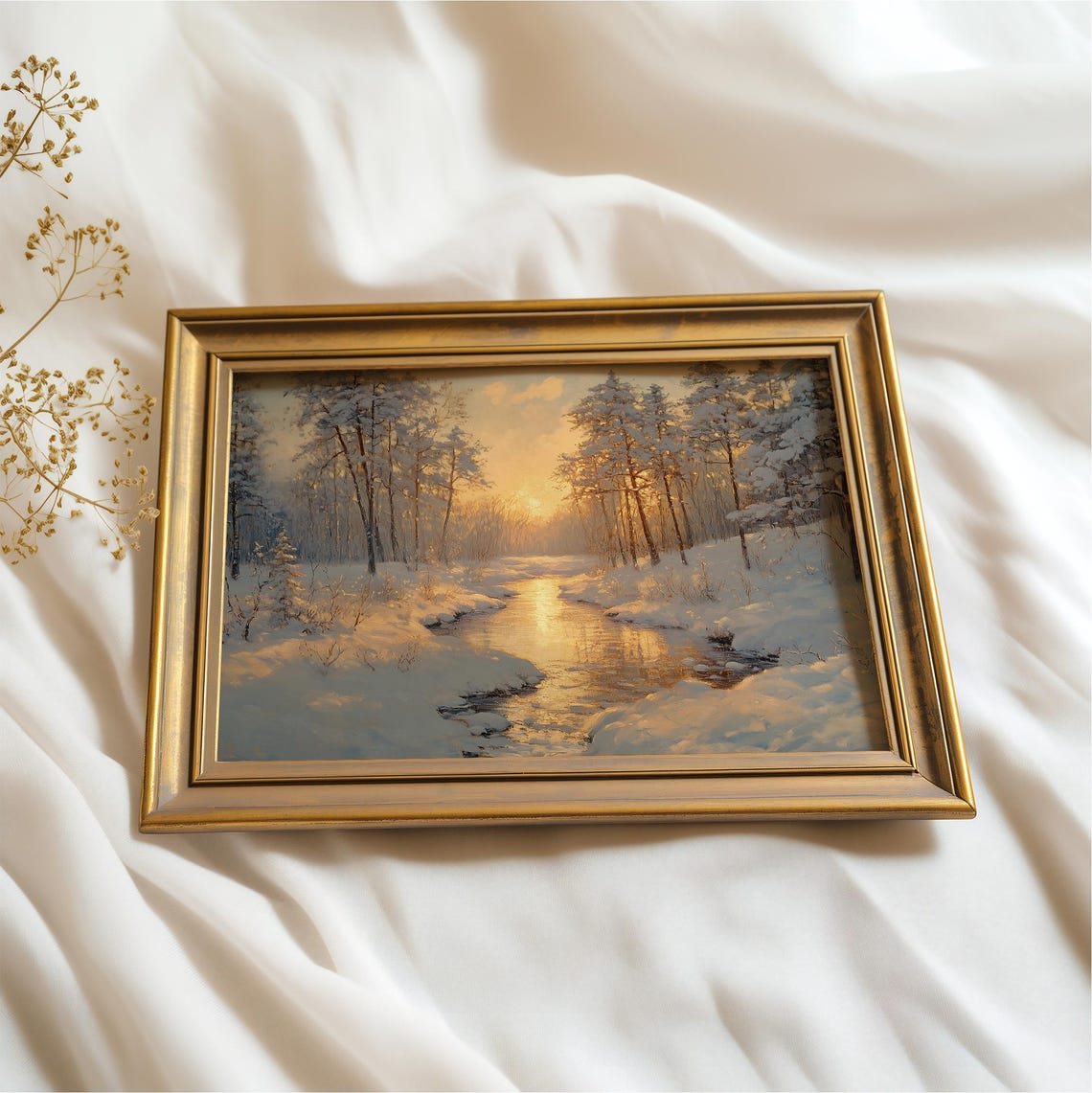 Golden Sunrise Frozen River Snowy Pine Forest Winter Landscape Poster - Image 2