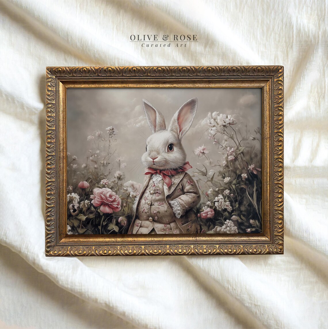Bunny in Floral Jacket Red Bow Tie Rose Garden Vintage Nursery Wall Art
