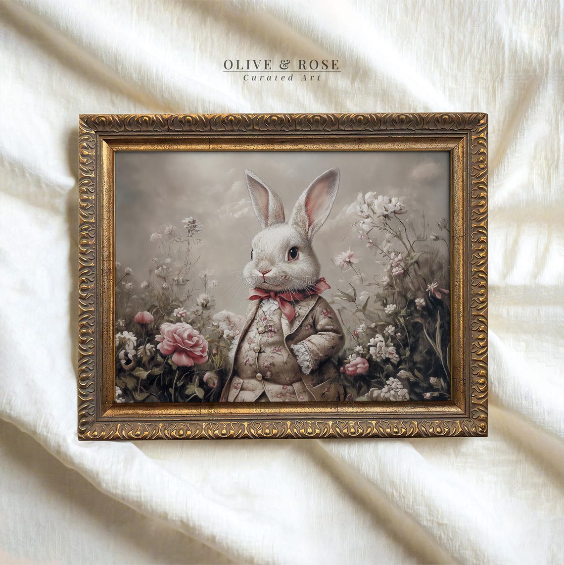 Vintage Easter Bunny In Wildflower Meadow Print Cute Rabbit Painting Wall Art Neutral Bunny Spring Decor Beige Prints