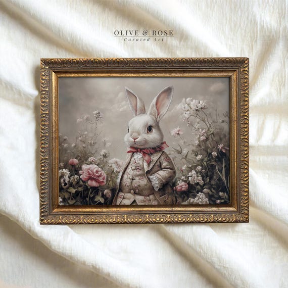 Vintage Easter Bunny In Wildflower Meadow Print Cute Rabbit Painting Wall Art Neutral Bunny Spring Decor Beige Prints