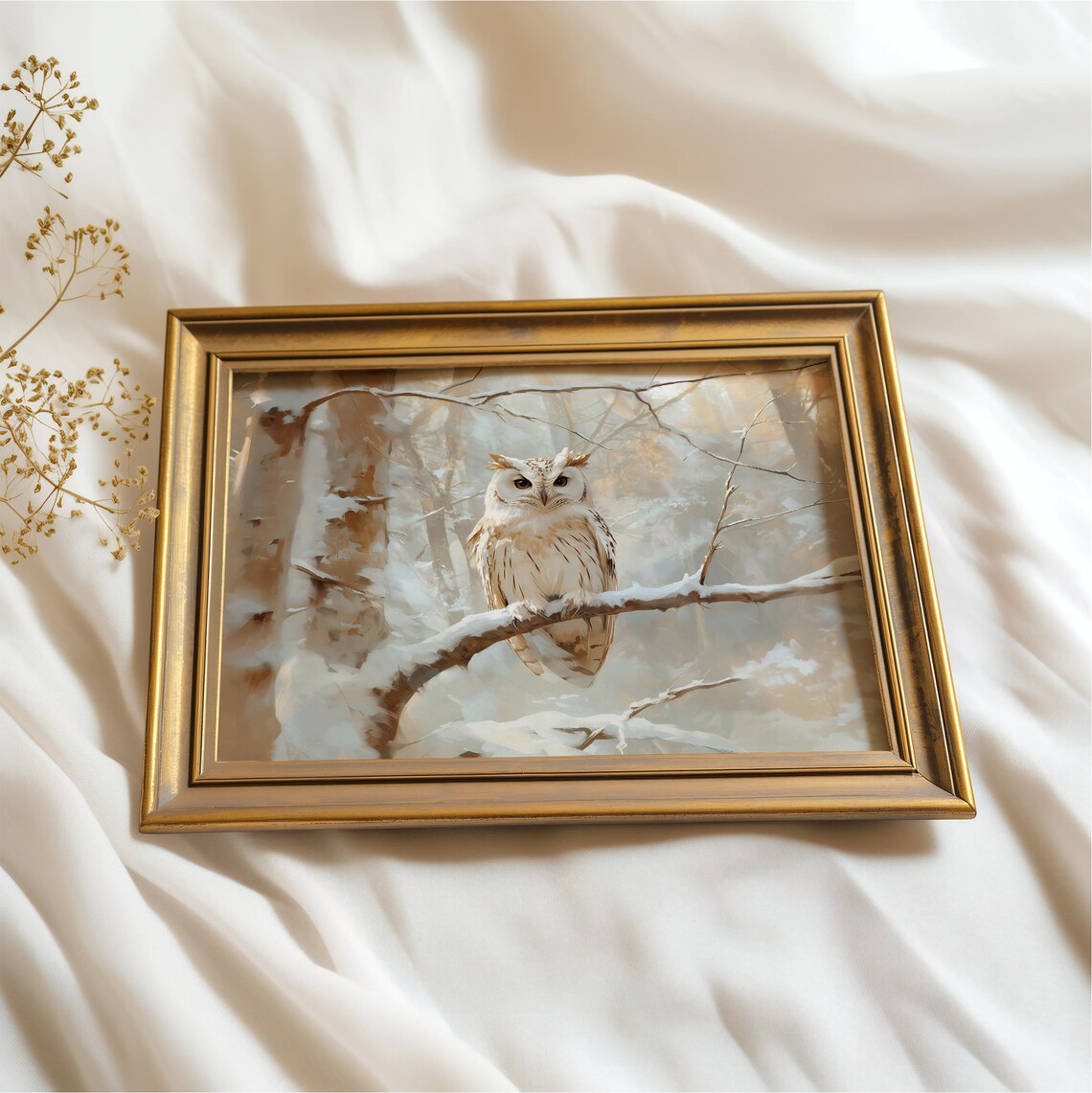 White Owl On Snowy Branch Winter Forest Antique Oil Painting Wall Art Poster - Image 2