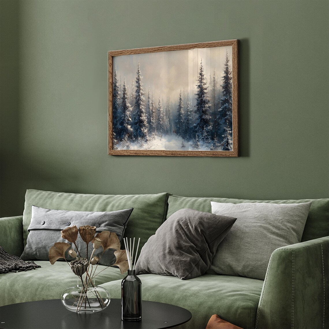 Blue Snowy Pine Forest Dawn Winter Wonderland Vintage Painting Poster - Image 5