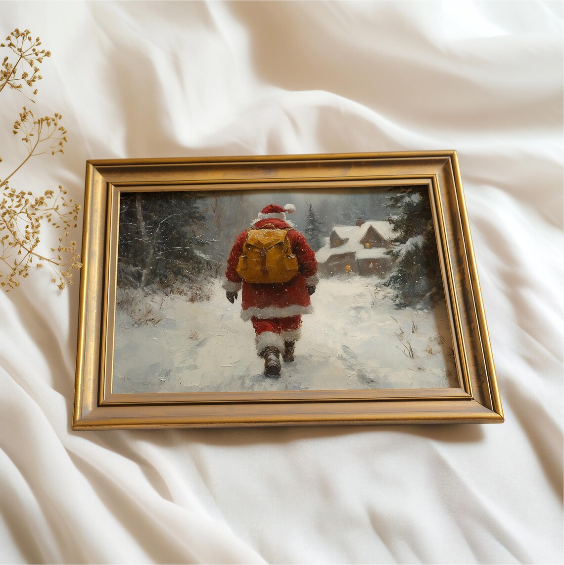 Vintage Santa Snowy Forest Walk Cabin Landscape Christmas Oil Poster - Image 2