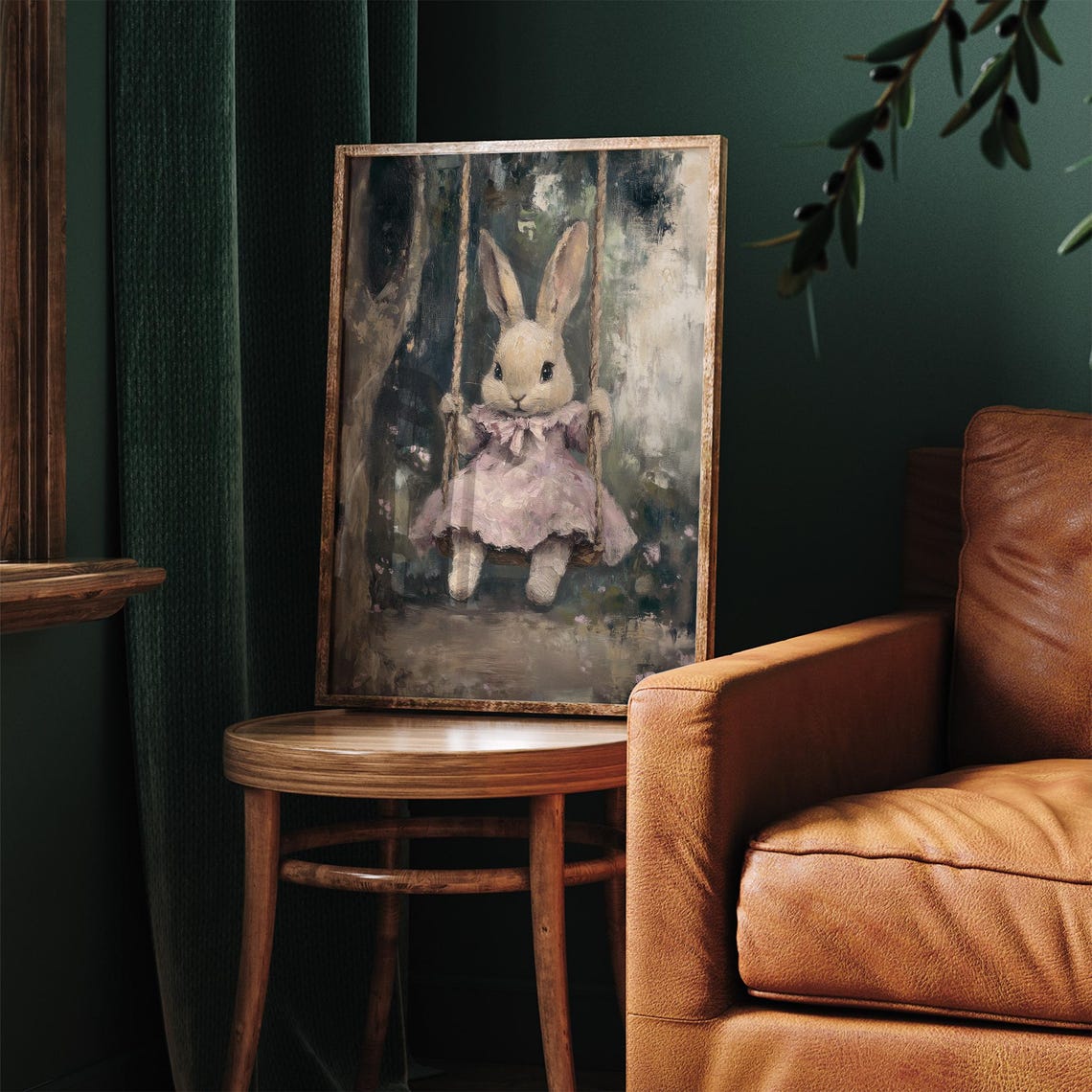 Bunny in Pink Dress on Tree Swing Vintage Garden Nursery Wall Art - Image 2