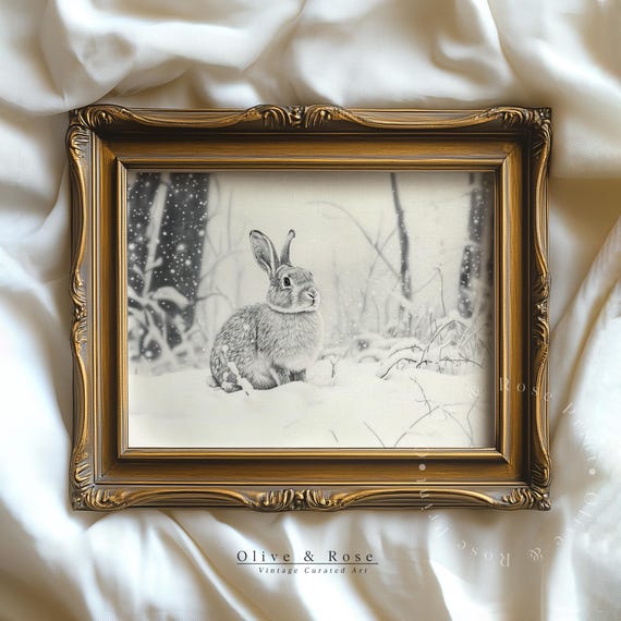 Baby Rabbit In Santa Hat Sketch Xmas Print Vintage Animal Christmas Wall Decor Cute Hare Drawing Print Neutral Nursery