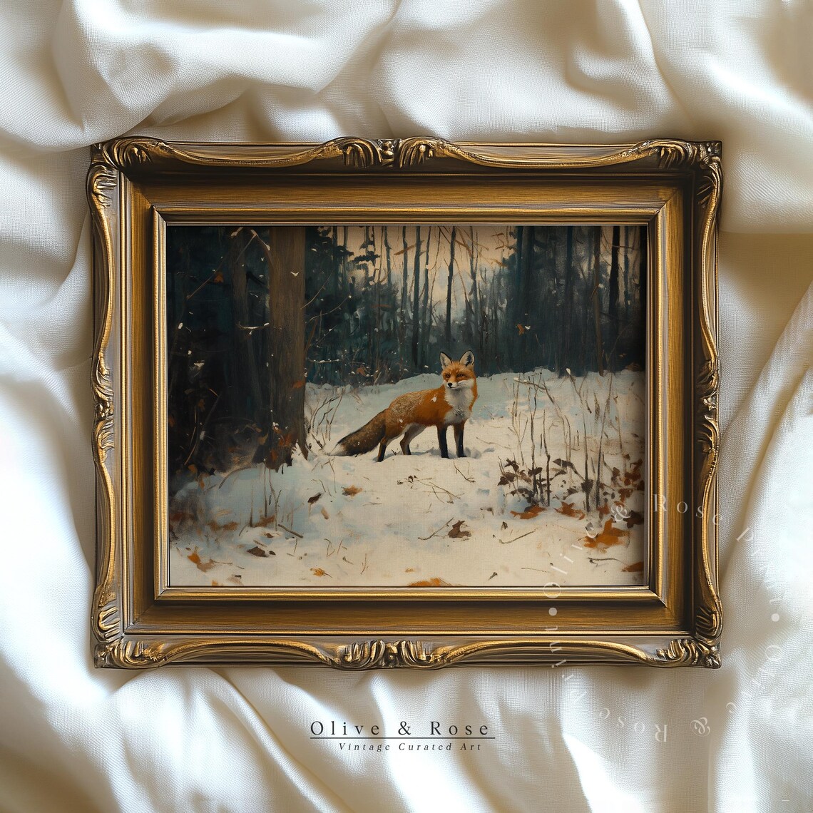 Red Fox Standing In Snowy Woodland Vintage Oil Painting Rustic Wildlife Print