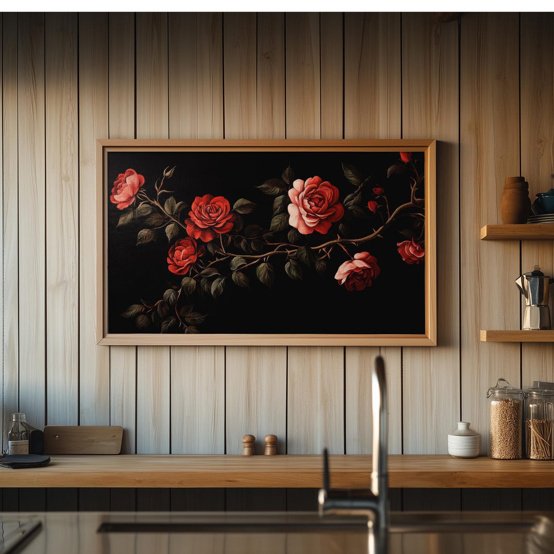 Dramatic Red Roses Garland Black Background Vintage Floral Art Poster - Image 3