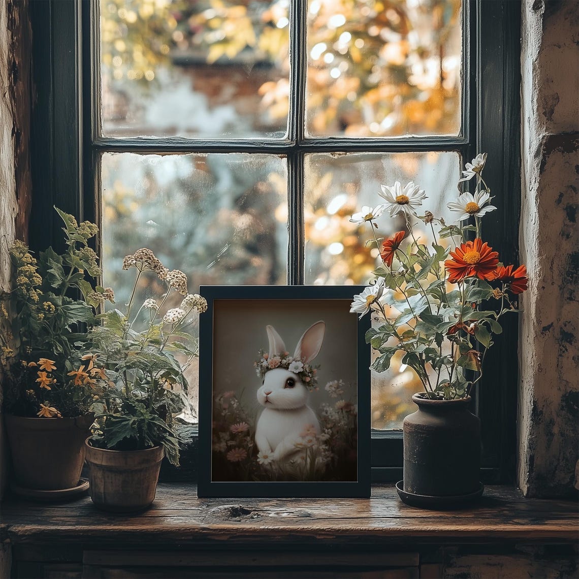 Vintage Cute Easter Bunny Print Floral White Rabbit Painting Wall Art Spring Botanical Nursery Decor Flower Prints - Image 3