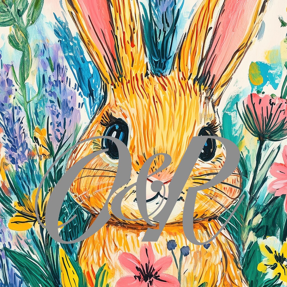 Colorful Bunny in Flower Pot Vibrant Wildflowers Kids Room Wall Art - Image 5