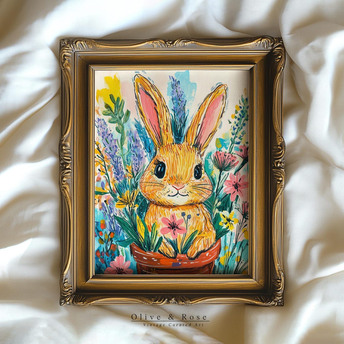 Colorful Easter Bunny In Pot Print Cute Vibrant Rabbit Painting Wall Art Spring Nursey Pastel Decor Floral Prints - Image 4