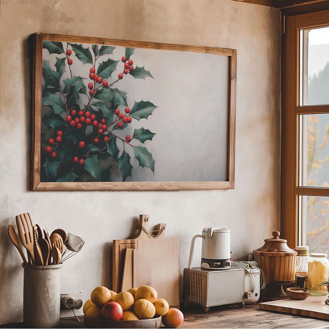 Holly Branch With Red Berries Vintage Painting Christmas Art Wall Art - Image 4