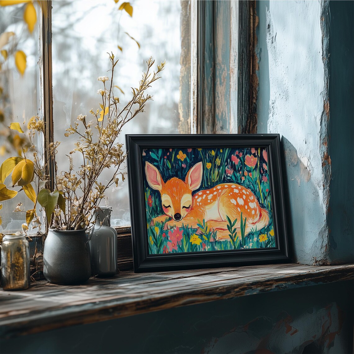 Sleeping Fawn in Wildflower Meadow Vibrant Woodland Nursery Wall Art - Image 4