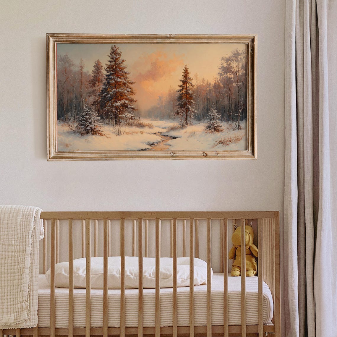 Winter Pine Forest Sunset Stream Snowy Landscape Frame TV Art Poster - Image 2