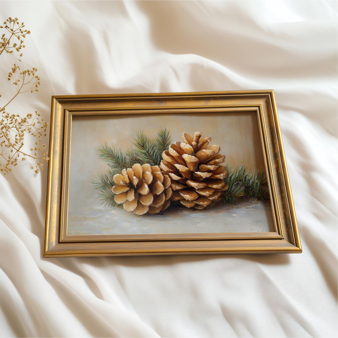 Two Golden Pinecones With Evergreen Boughs Winter Holiday Art Poster - Image 2