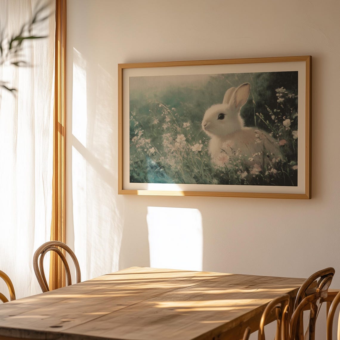 Vintage Easter Bunny In Wildflower Meadow Print Cute Rabbit Painting Art Moody Neutral Spring Decor Sage Green Prints - Image 2