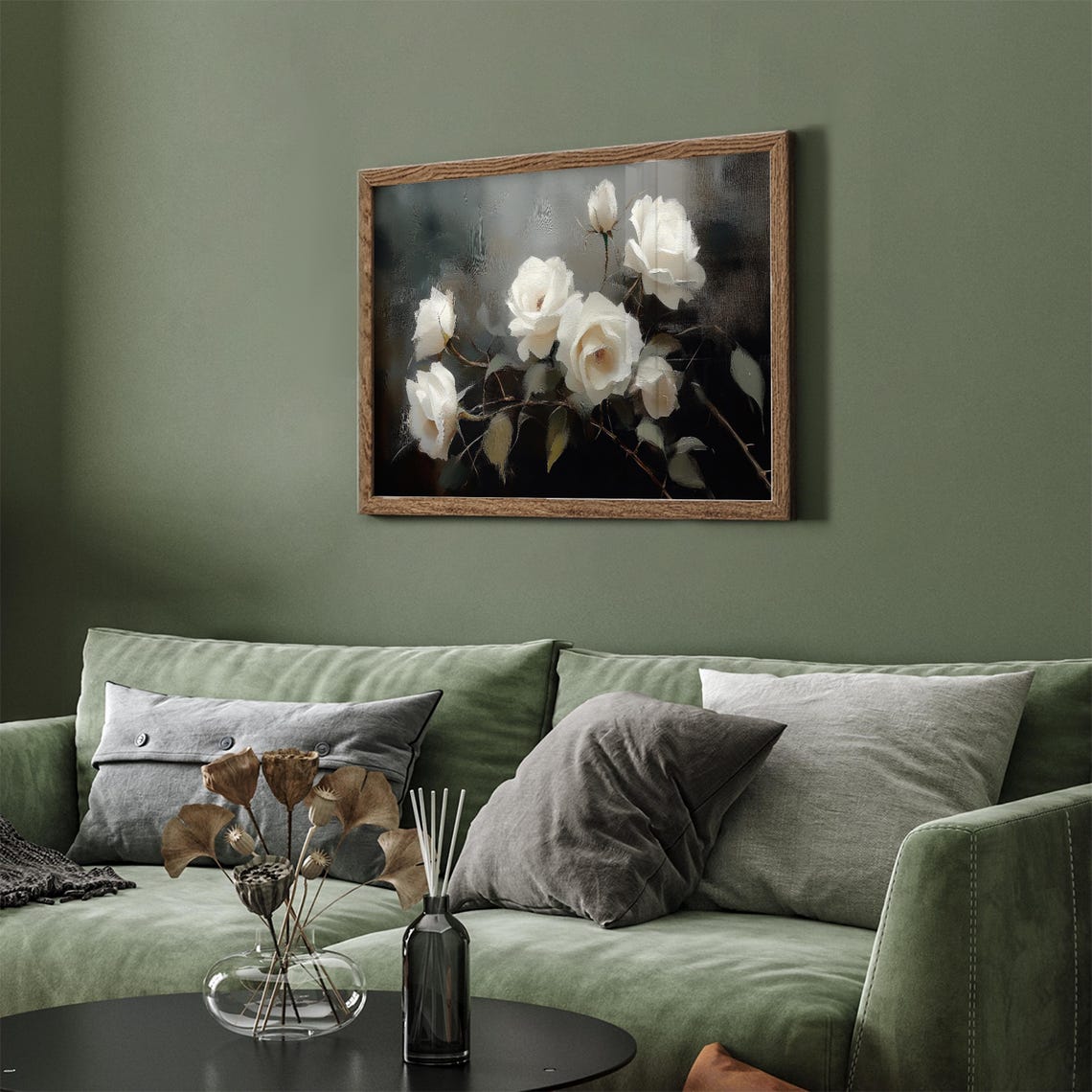 White Roses Dark Moody Background Vintage Botanical Oil Painting Print - Image 5