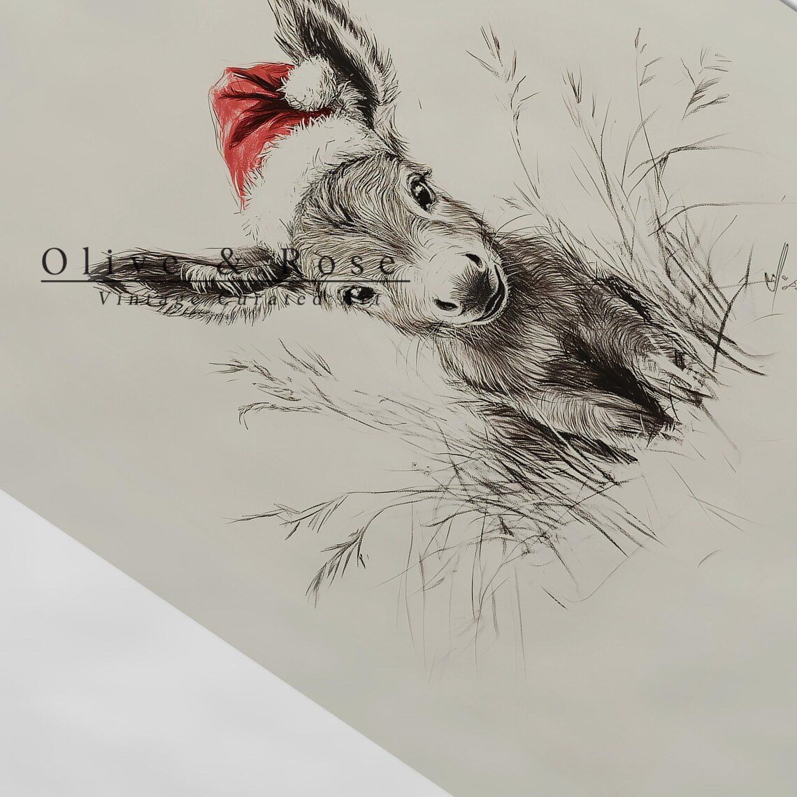 Cute Baby Donkey Santa Hat Sketch Vintage Nursery Christmas Art Poster - Image 5