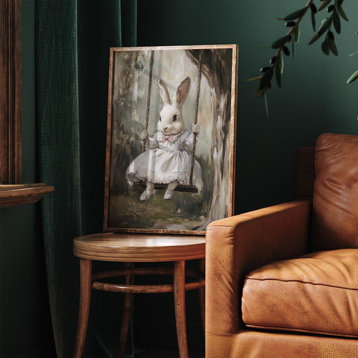 White Bunny in White Dress on Tree Swing Woodland Vintage Wall Art - Image 3