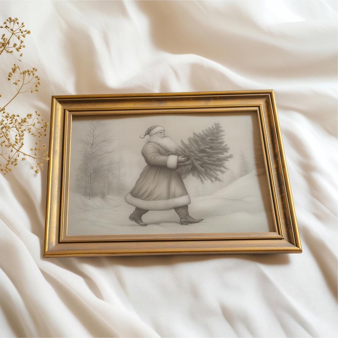 Neutral Santa Carrying Christmas Tree Snowy Sketch Vintage Art Poster - Image 2