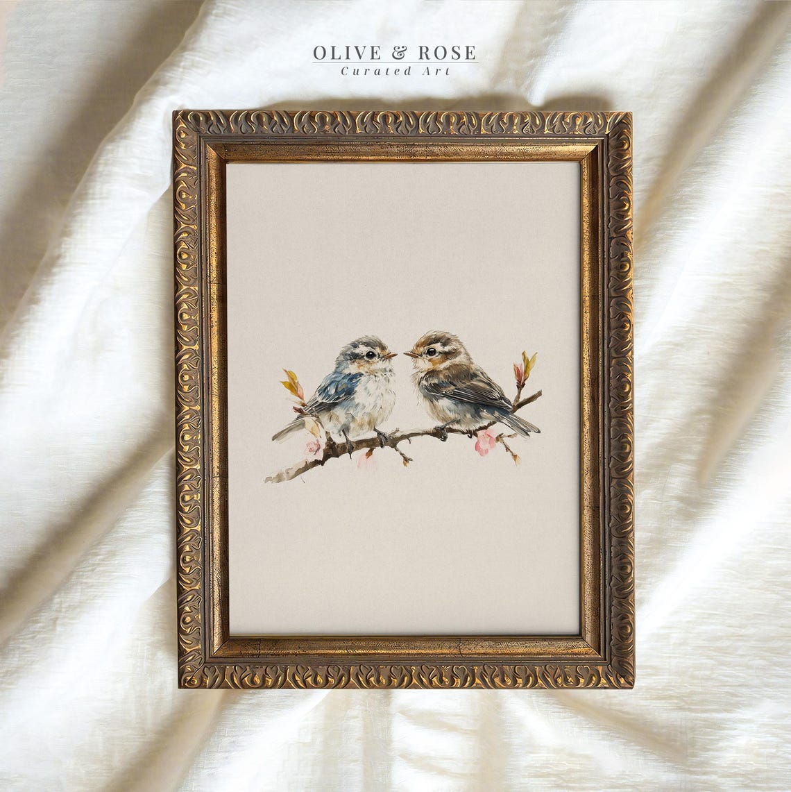 Two Songbirds Facing Each Other Blossom Branch Watercolor Poster