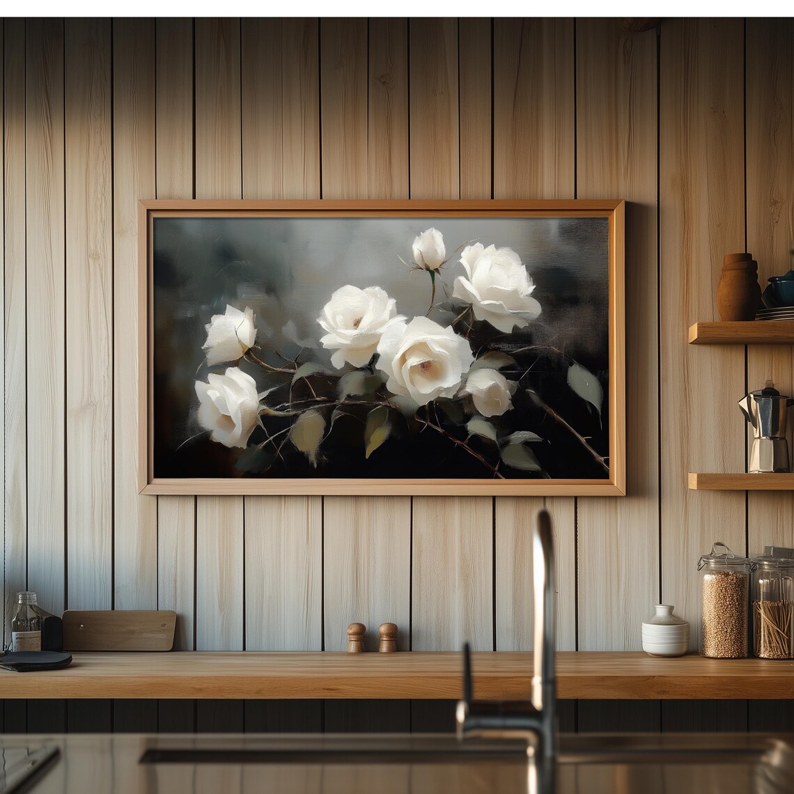 White Roses Dark Moody Background Vintage Botanical Oil Painting Print - Image 2