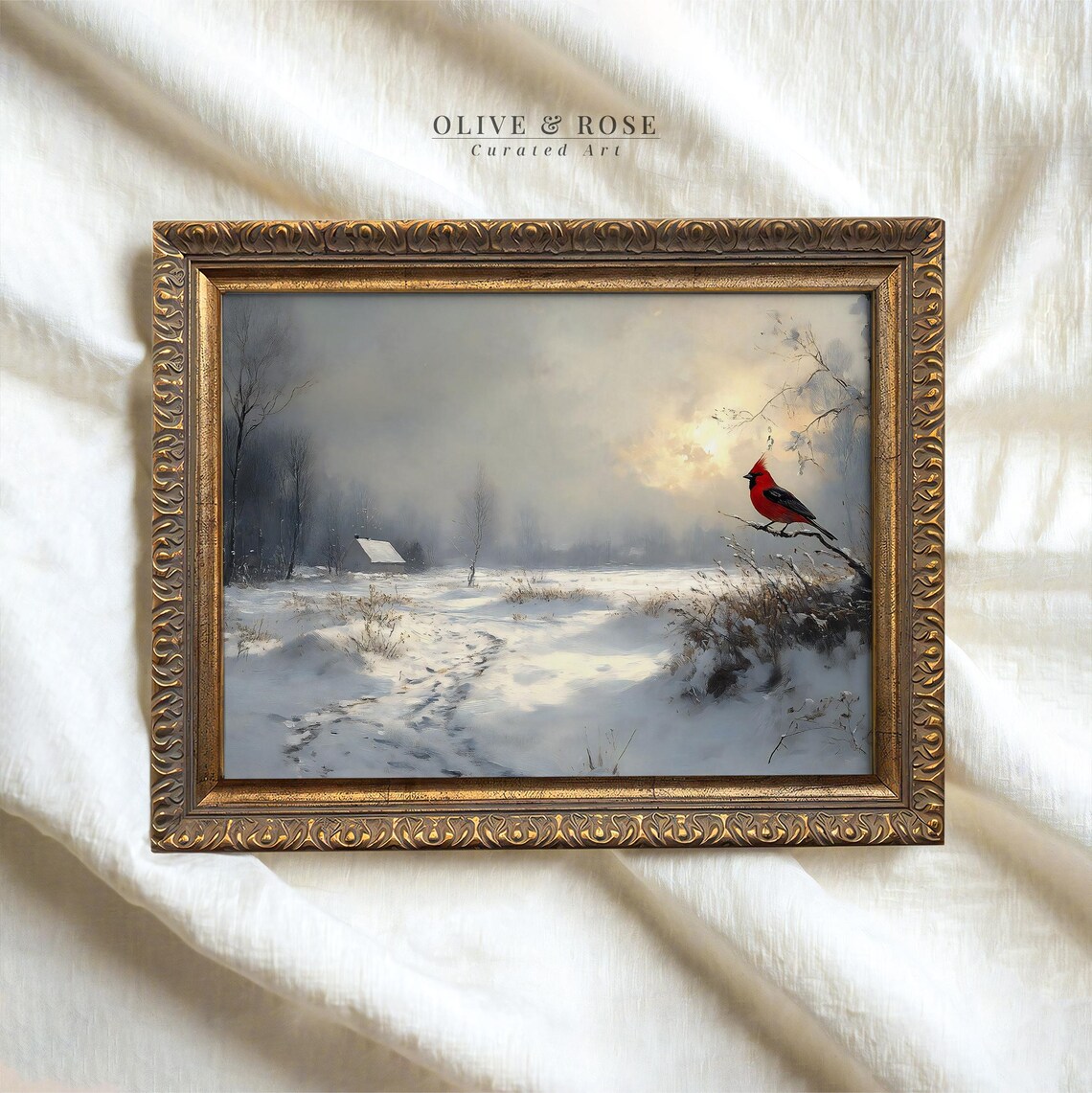 Red Cardinal Snowy Winter Landscape Sunrise Vintage Bird Art Poster