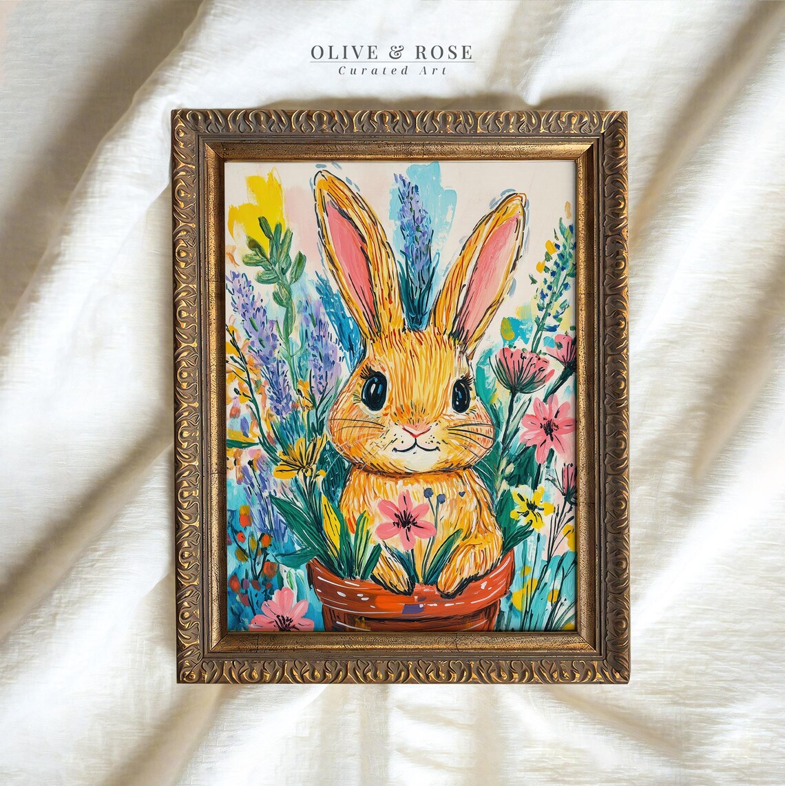 Colorful Bunny in Flower Pot Vibrant Wildflowers Kids Room Wall Art