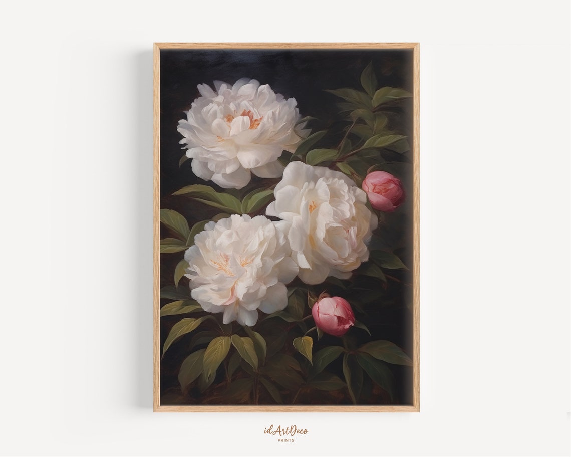 Flower Painting Vintage Print Botanical Oil Painting Peony Wall Art Dark Floral Oil Painting Antique Art