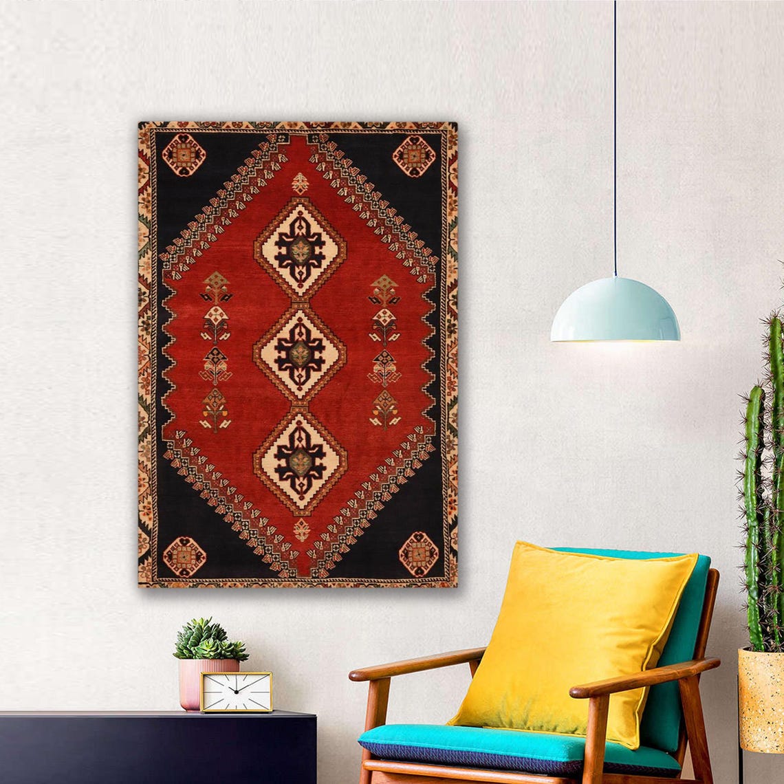Red Diamond Medallion Kilim Rug Canvas Boho Decor Wall Art Piece