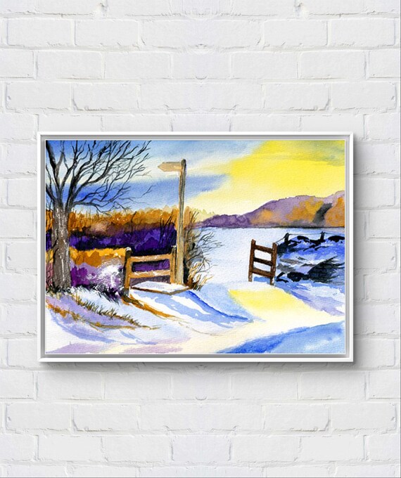 Snowy Winter Path Wooden Gate Golden Sunset Watercolor Print