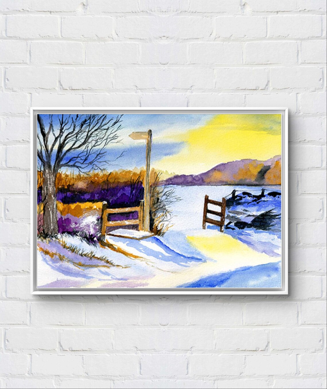 Snowy Winter Path Wooden Gate Golden Sunset Watercolor Print
