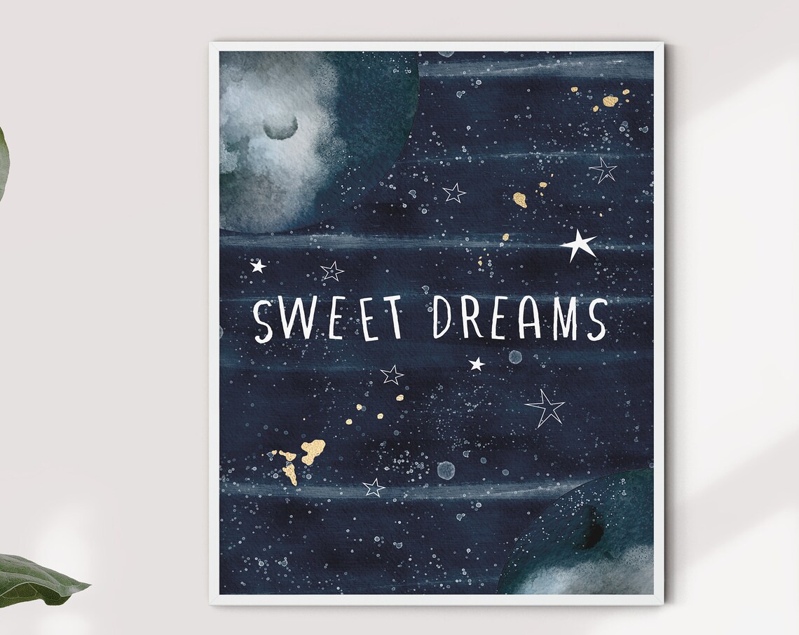 Sweet Dreams Starry Night Watercolor Nursery Stars Moon Wall Poster