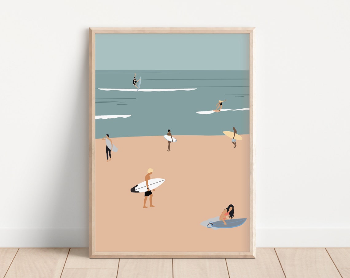 Surfers Beach Waves Minimalist Surf Day Pastel Ocean Art Poster