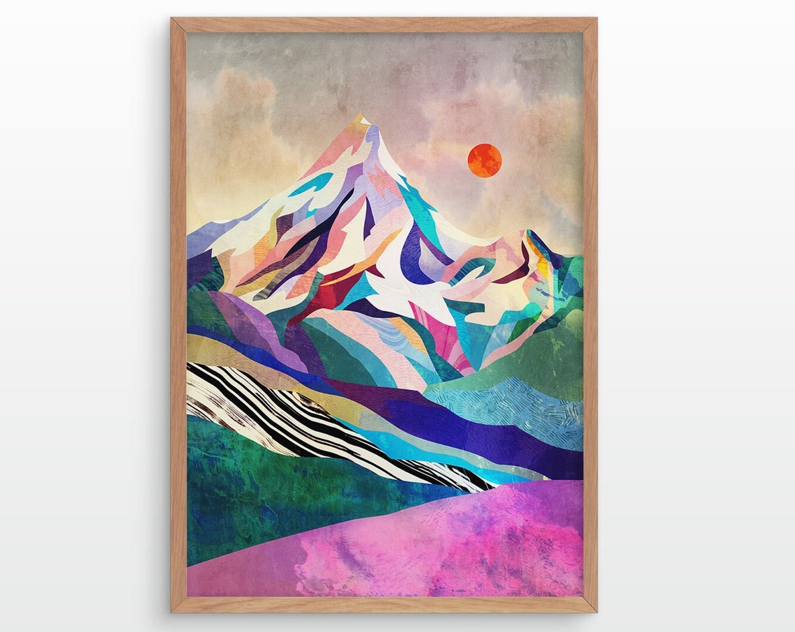 Colorful Patchwork Mountain Red Sun Abstract Peak Landscape Art Poster