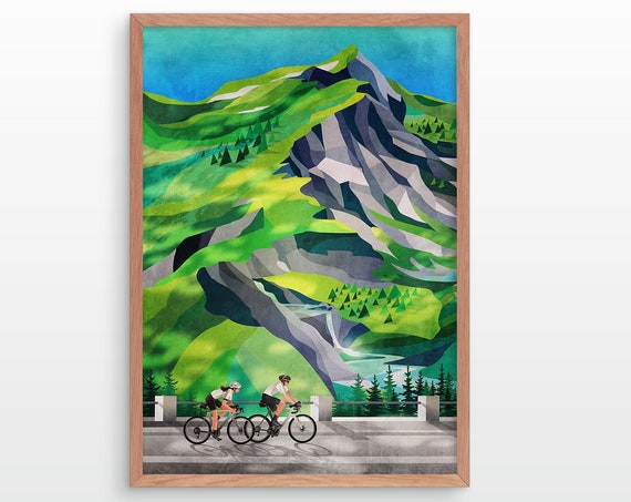 Cycling Couple Waterfall Ride Art Print, Gift