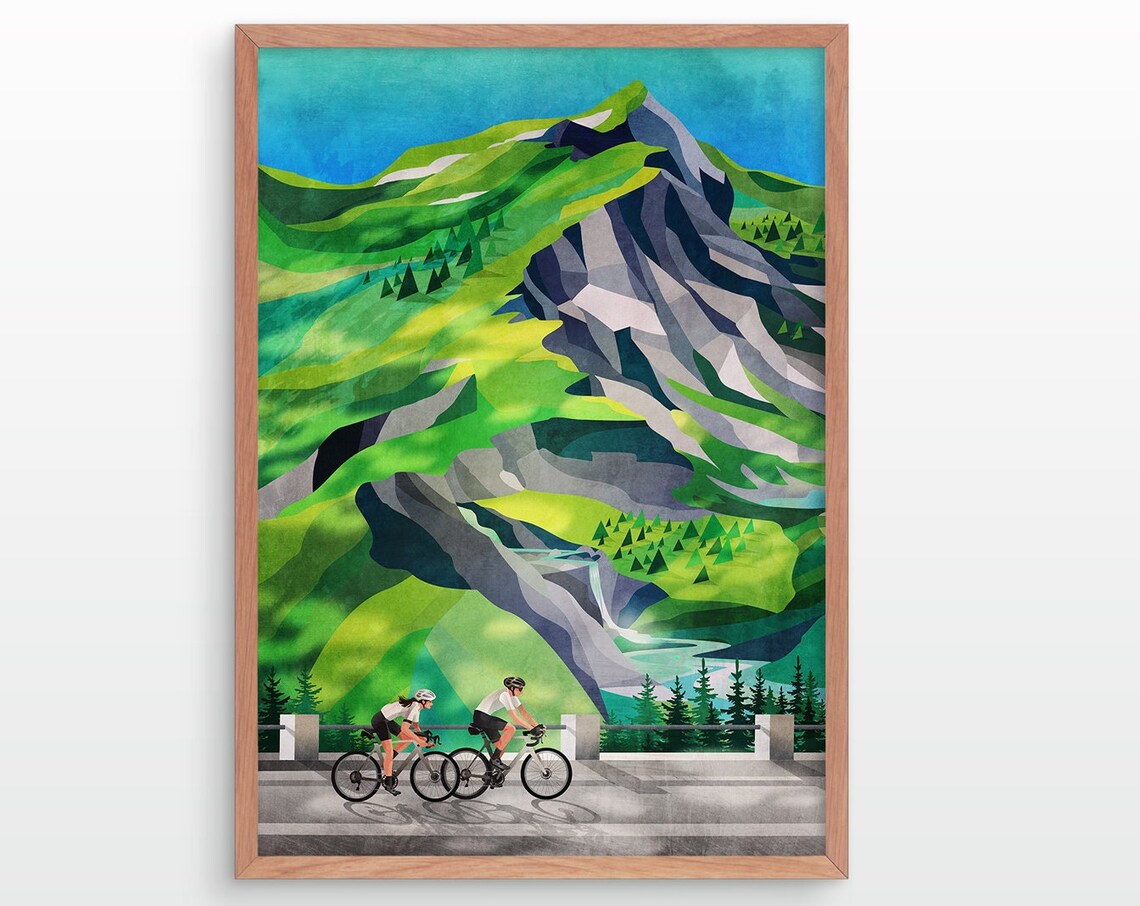 Cycling Couple Waterfall Ride Art Print, Gift