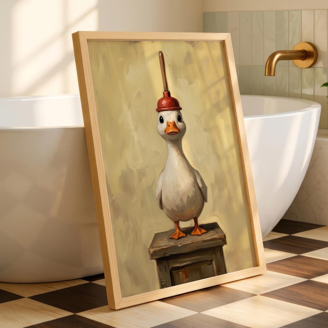 Funny Duck With Plunger On Head Quirky Bathroom Painting Poster
