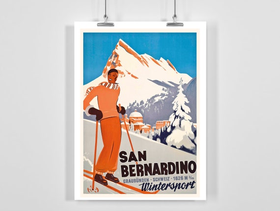 San Bernardino Switzerland Winter Sport Vintage Ski Poster Framed Unframed