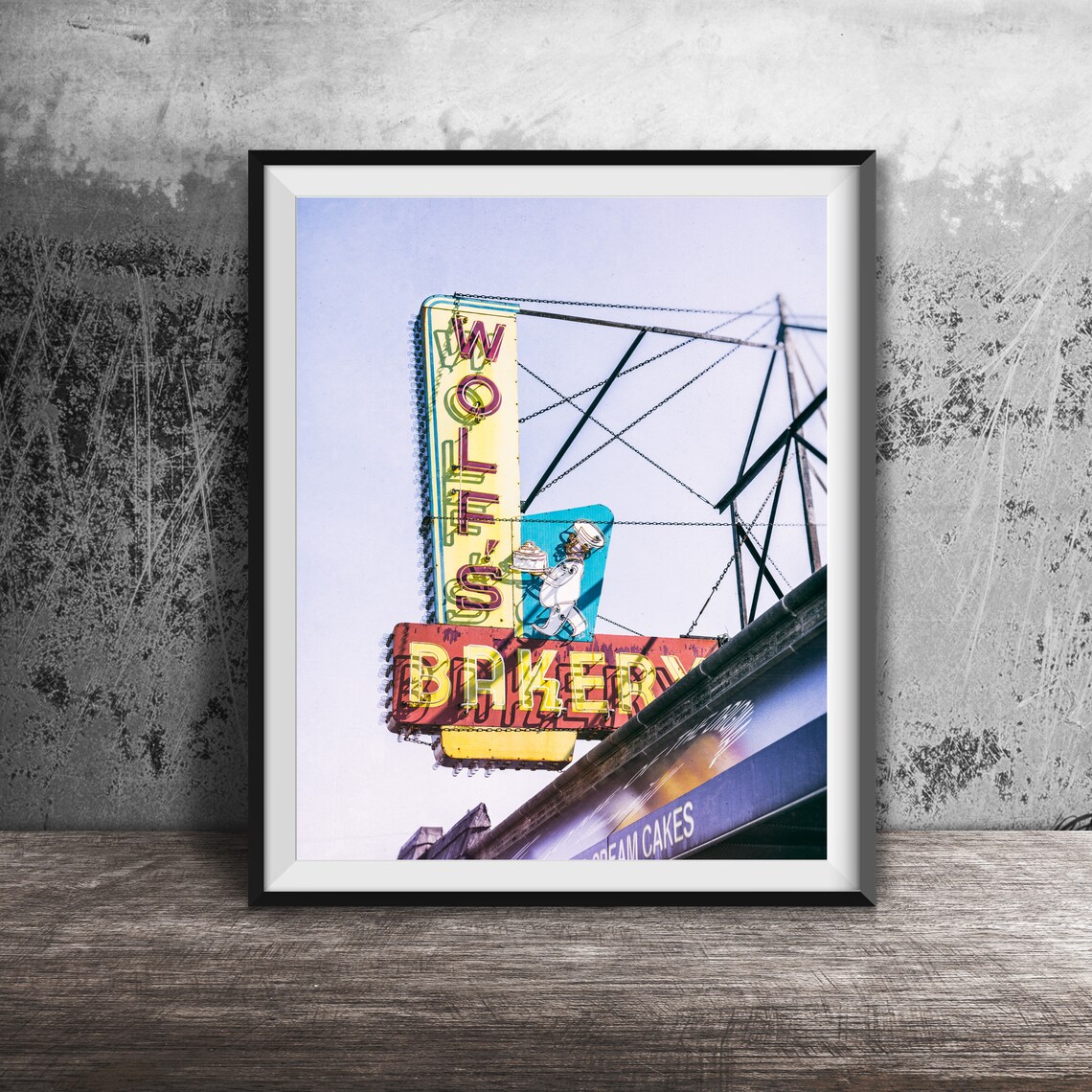 Wolf's Bakery Vintage Neon Blade Sign With Chef Art Photo Poster