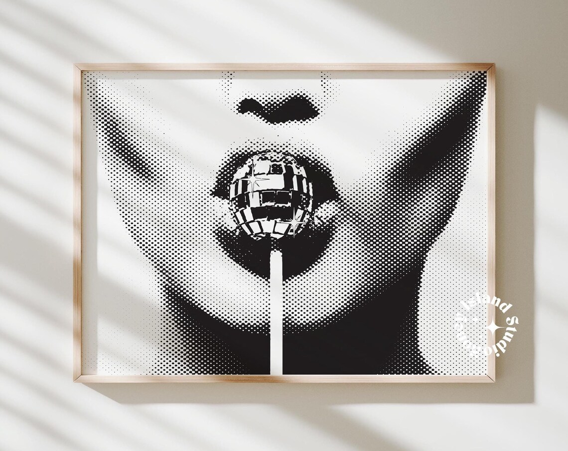 Retro Lips Disco Ball Lollipop Black and White Glam Pop Art Poster